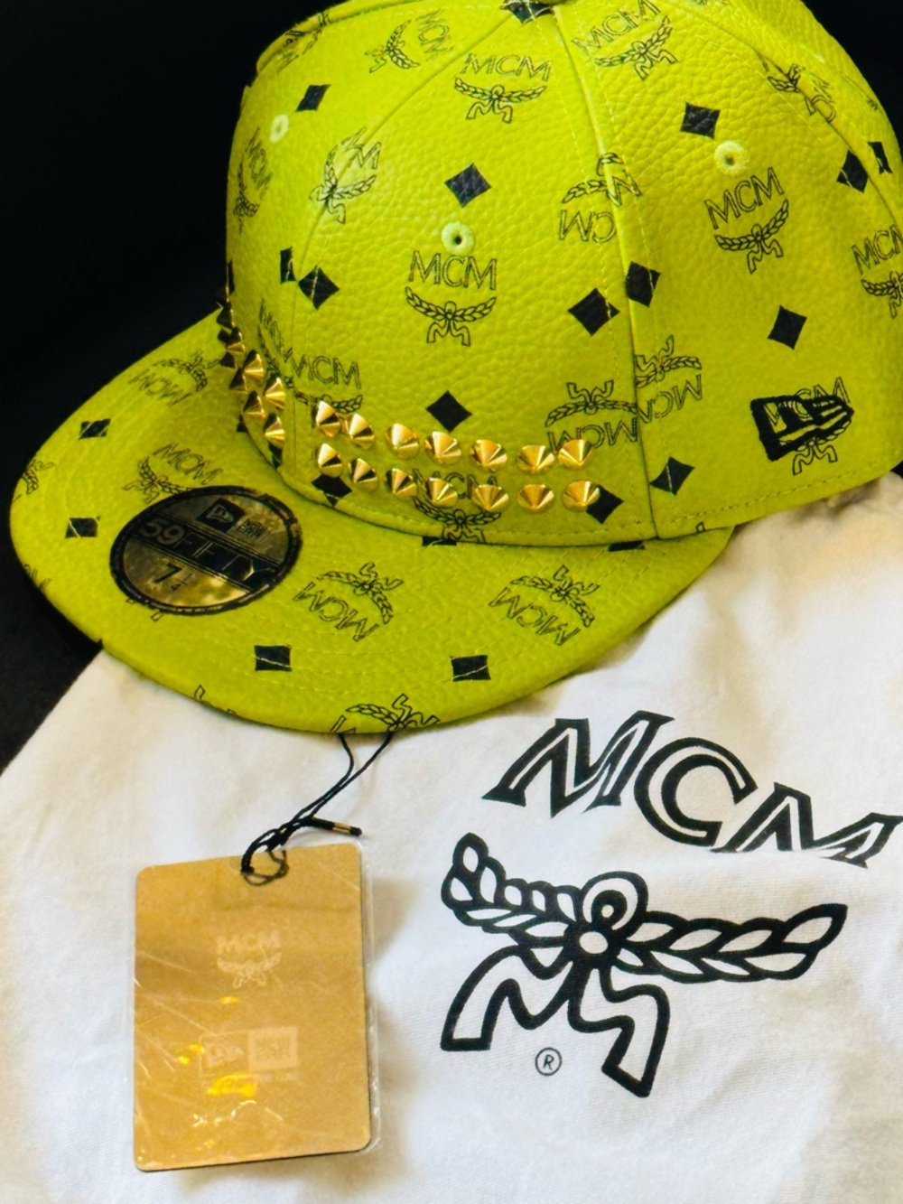 MCM Neon Yellow Logo Leather Studded Snapback Hat